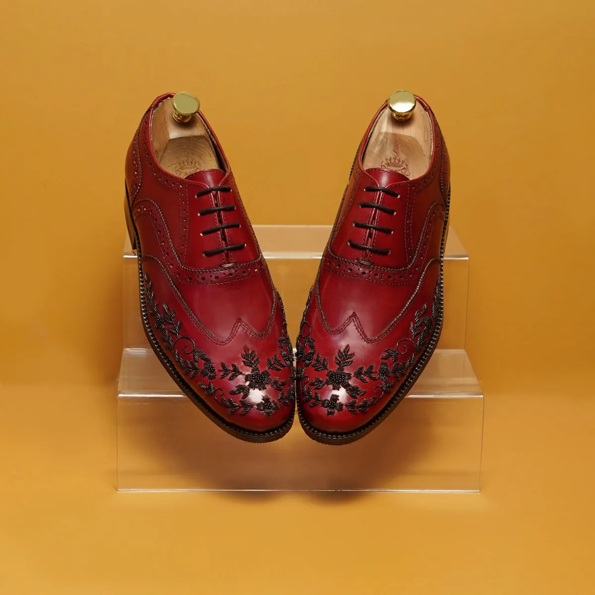 Red Leather Formal Lace-Up Shoes  Black Zardosi Wingtip Toe by Brune & Bareskin