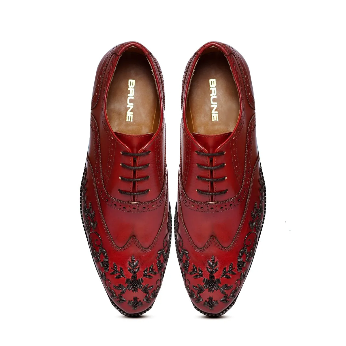 Red Leather Formal Lace-Up Shoes  Black Zardosi Wingtip Toe by Brune & Bareskin