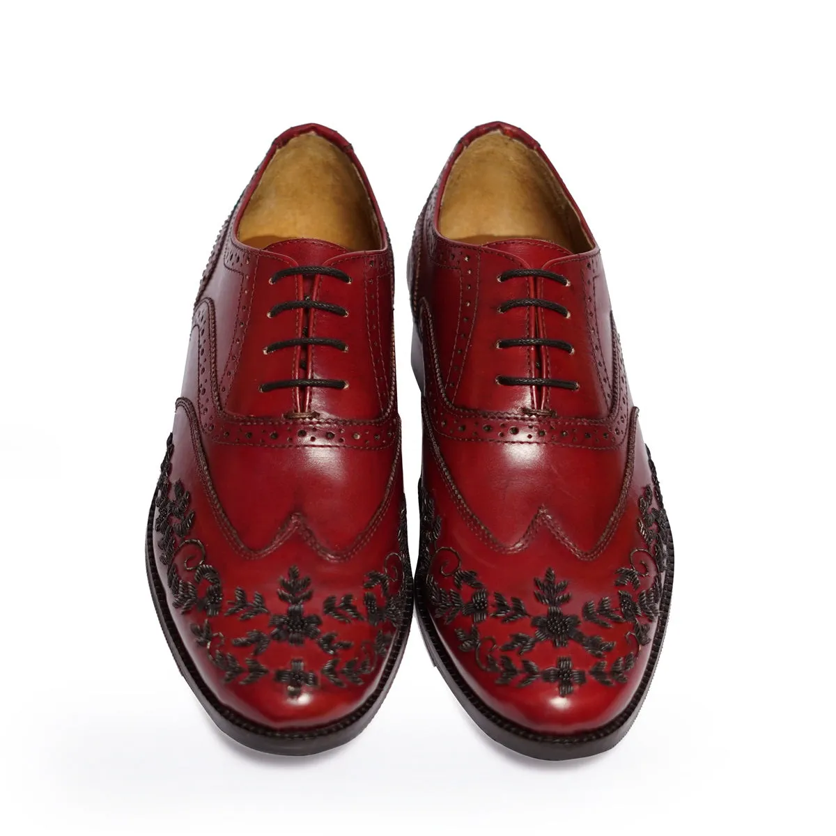 Red Leather Formal Lace-Up Shoes  Black Zardosi Wingtip Toe by Brune & Bareskin