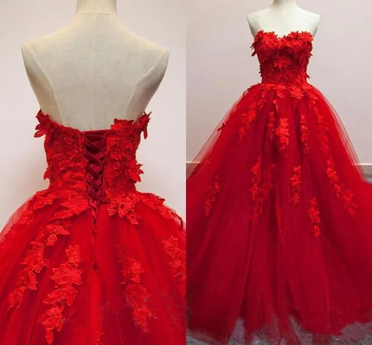 Red Sweetheart Prom Dresses Tulle Applique Ball Gown Quinceanera Dresses