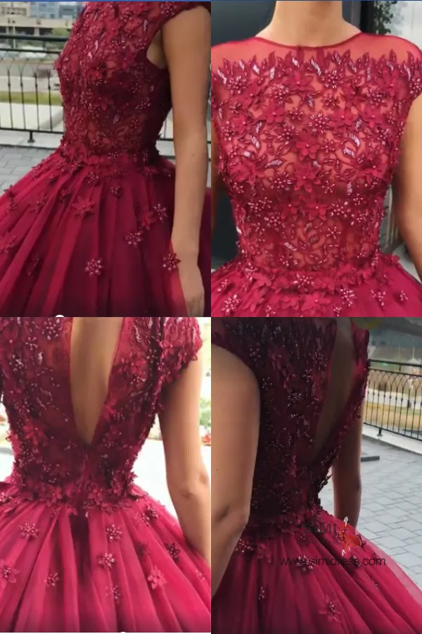 Red Tulle Ball Gown Prom Dress With Appliques, Sweet 16 Dress, Quinceanera Dresses, M278