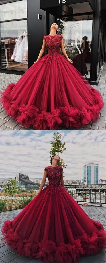 Red Tulle Ball Gown Prom Dress With Appliques, Sweet 16 Dress, Quinceanera Dresses, M278