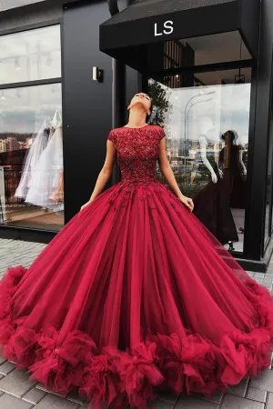 Red Tulle Ball Gown Prom Dress With Appliques, Sweet 16 Dress, Quinceanera Dresses, M278