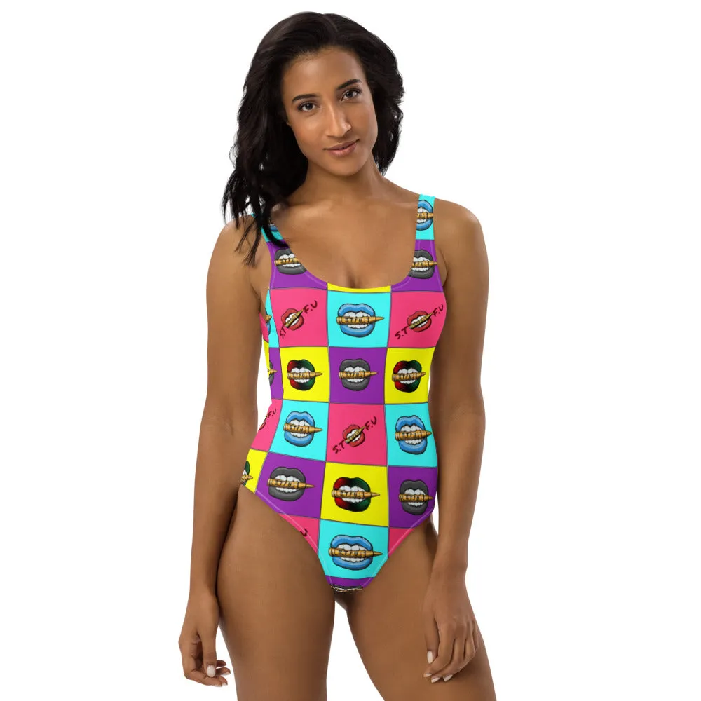 Retro Colorblock STFU Logo One-Piece Swimsuit