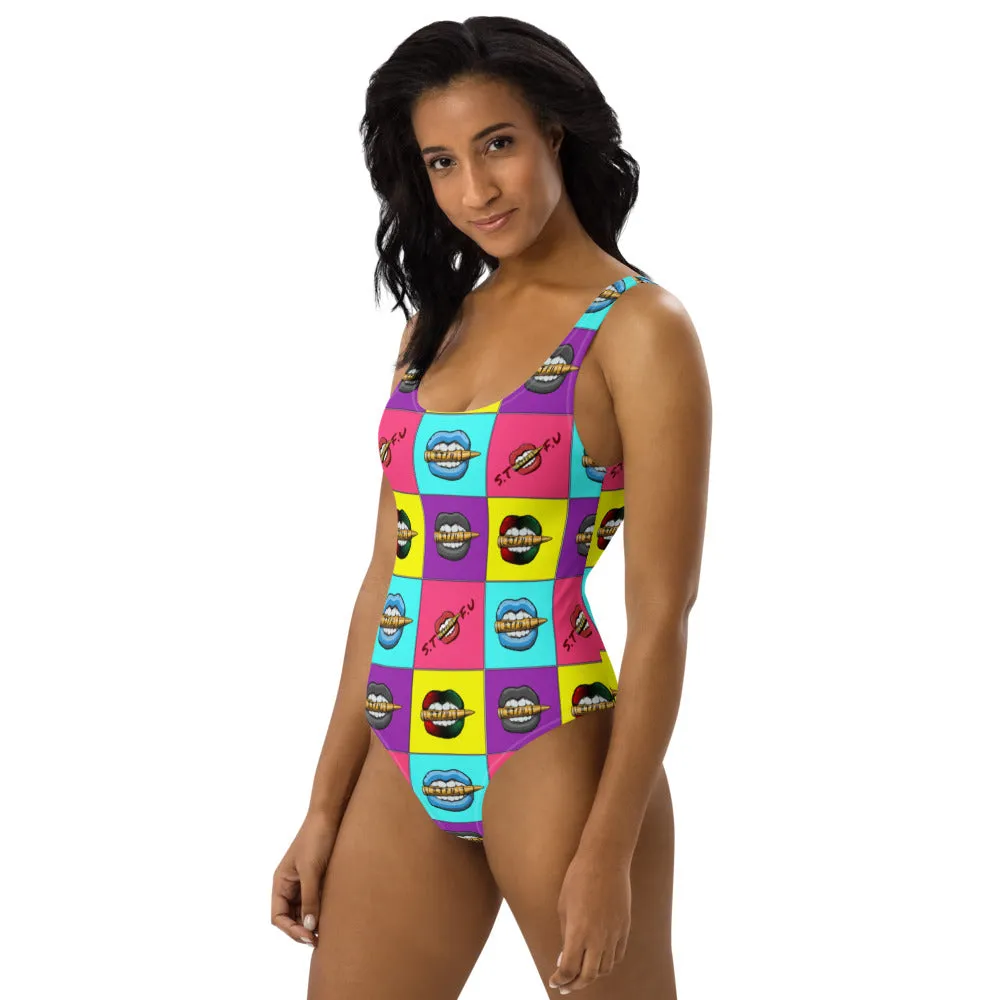 Retro Colorblock STFU Logo One-Piece Swimsuit