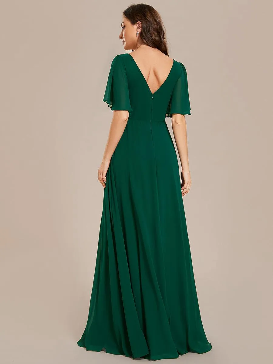 Robe de demoiselle d'honneur longue en mousseline de soie simple manches courtes taille empire ligne a