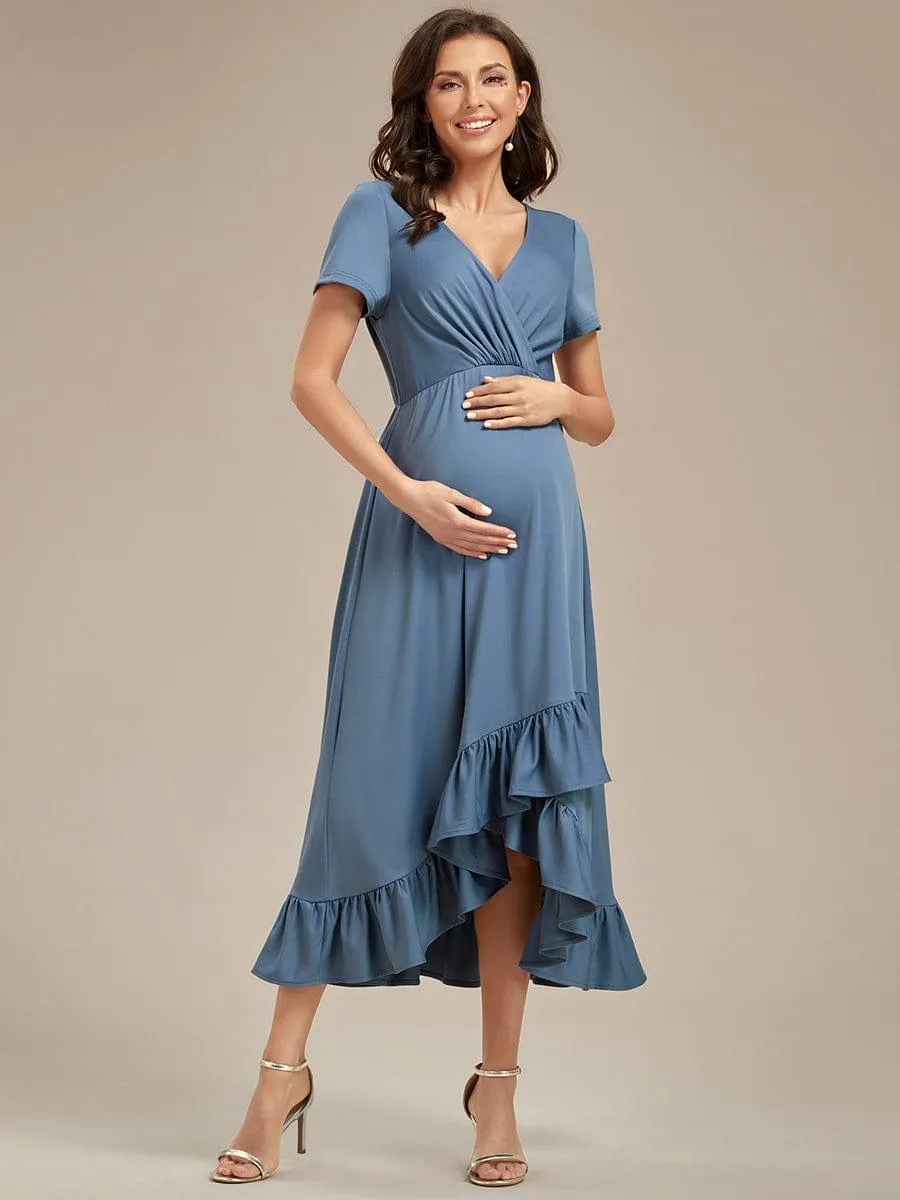 Robe de Maternité élégante Col en V Ourlet haut-bas à volants(Vente finale)