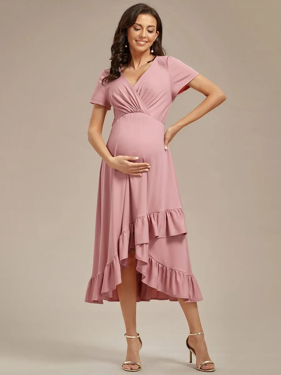 Robe de Maternité élégante Col en V Ourlet haut-bas à volants(Vente finale)