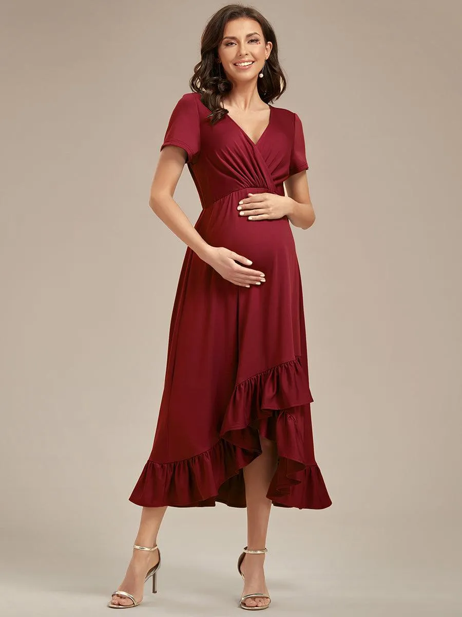 Robe de Maternité élégante Col en V Ourlet haut-bas à volants(Vente finale)