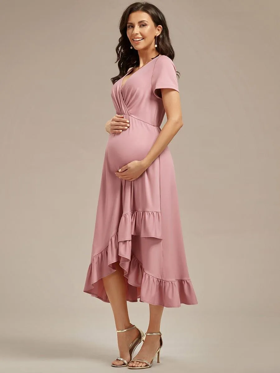 Robe de Maternité élégante Col en V Ourlet haut-bas à volants(Vente finale)
