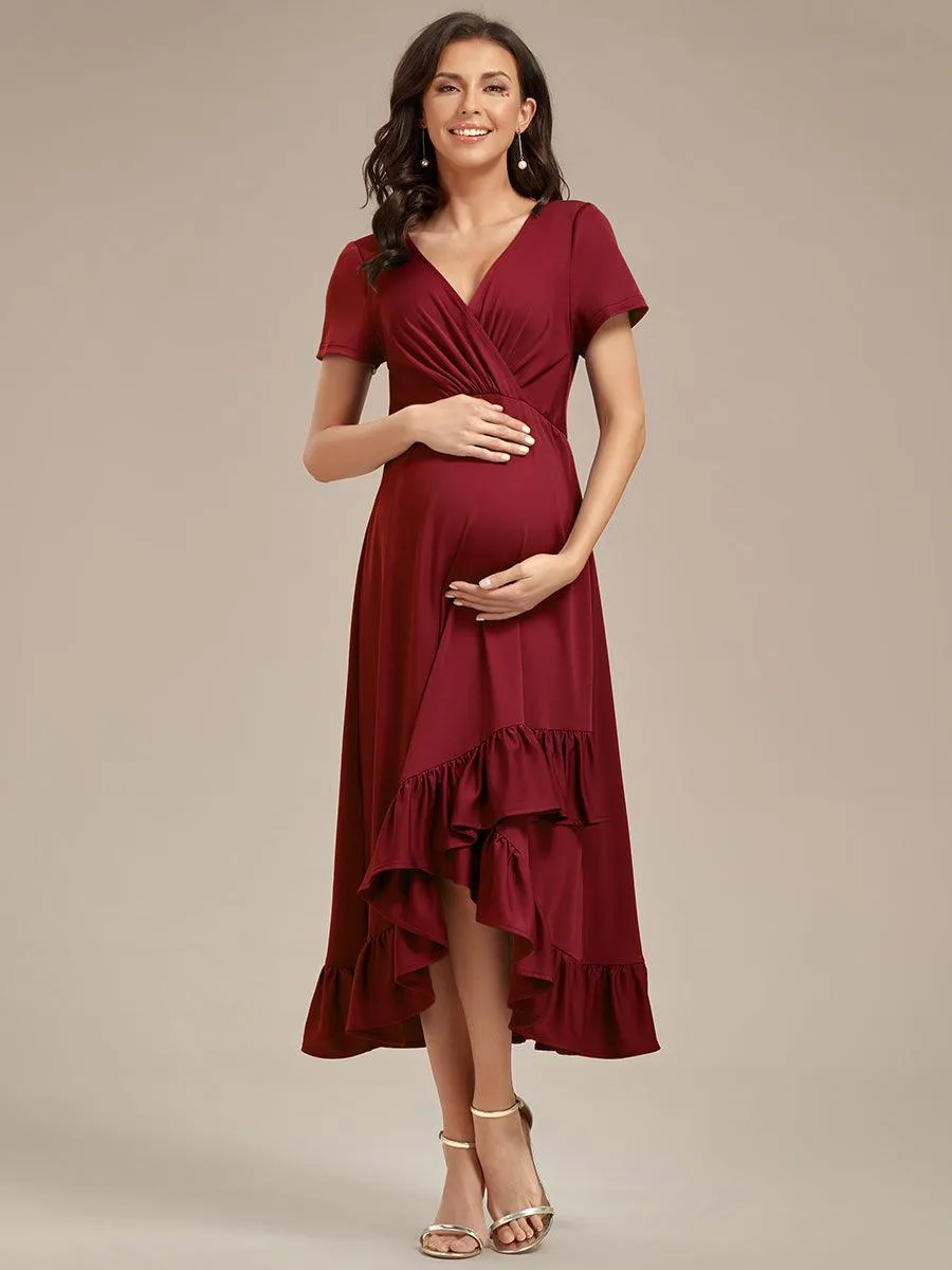 Robe de Maternité élégante Col en V Ourlet haut-bas à volants(Vente finale)