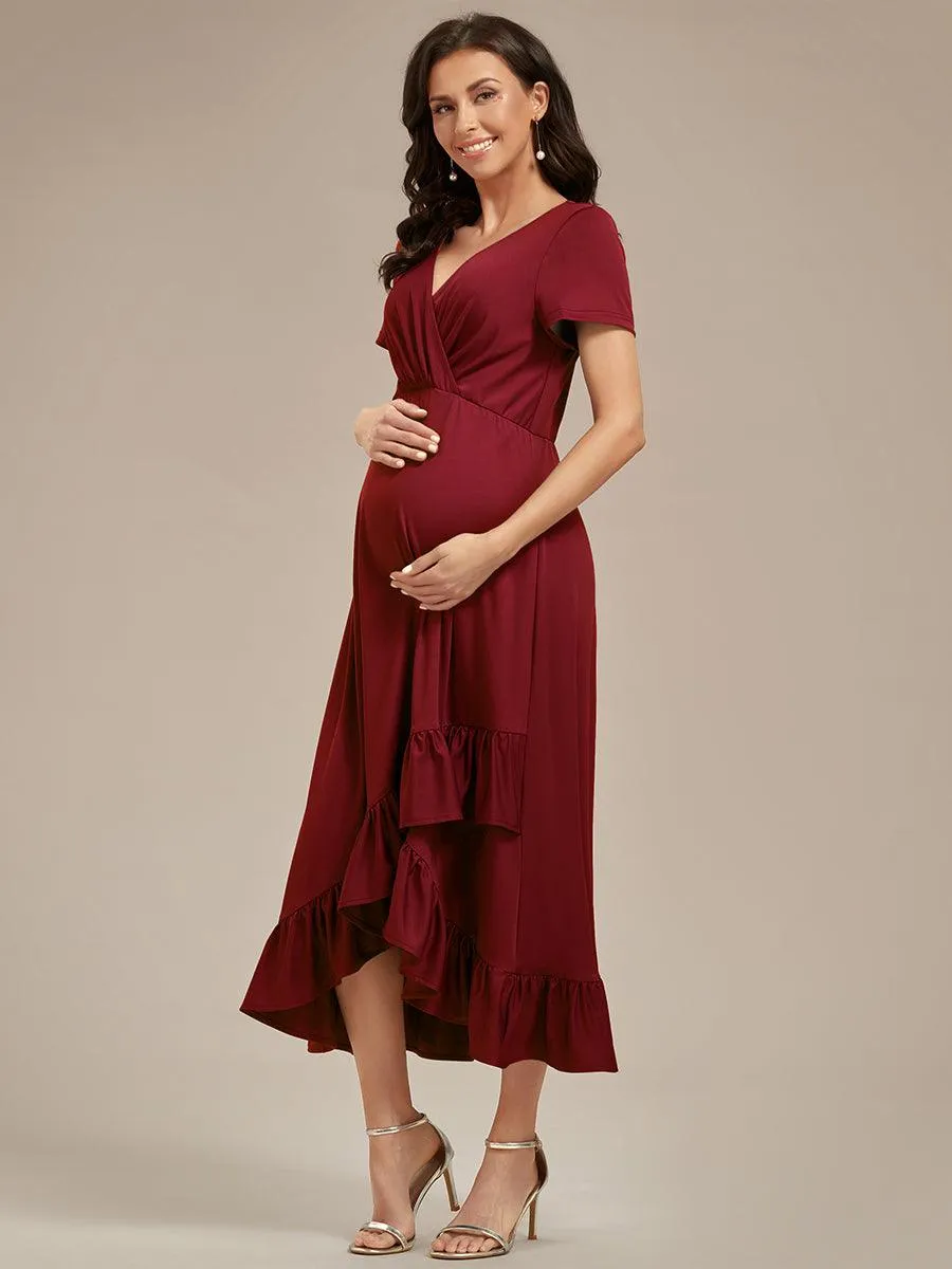 Robe de Maternité élégante Col en V Ourlet haut-bas à volants(Vente finale)