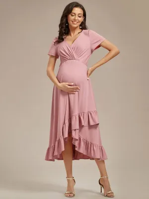 Robe de Maternité élégante Col en V Ourlet haut-bas à volants(Vente finale)