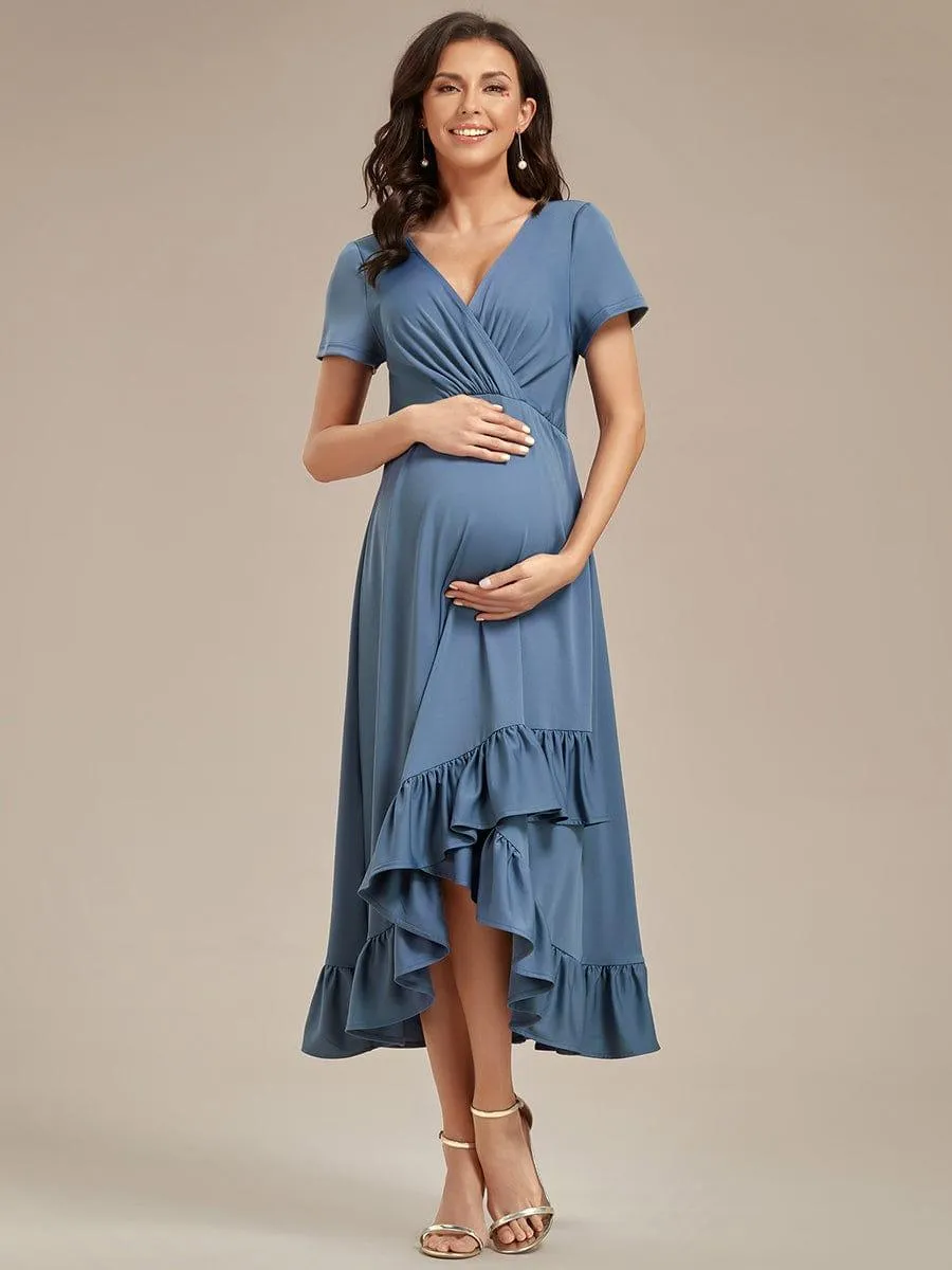 Robe de Maternité élégante Col en V Ourlet haut-bas à volants(Vente finale)