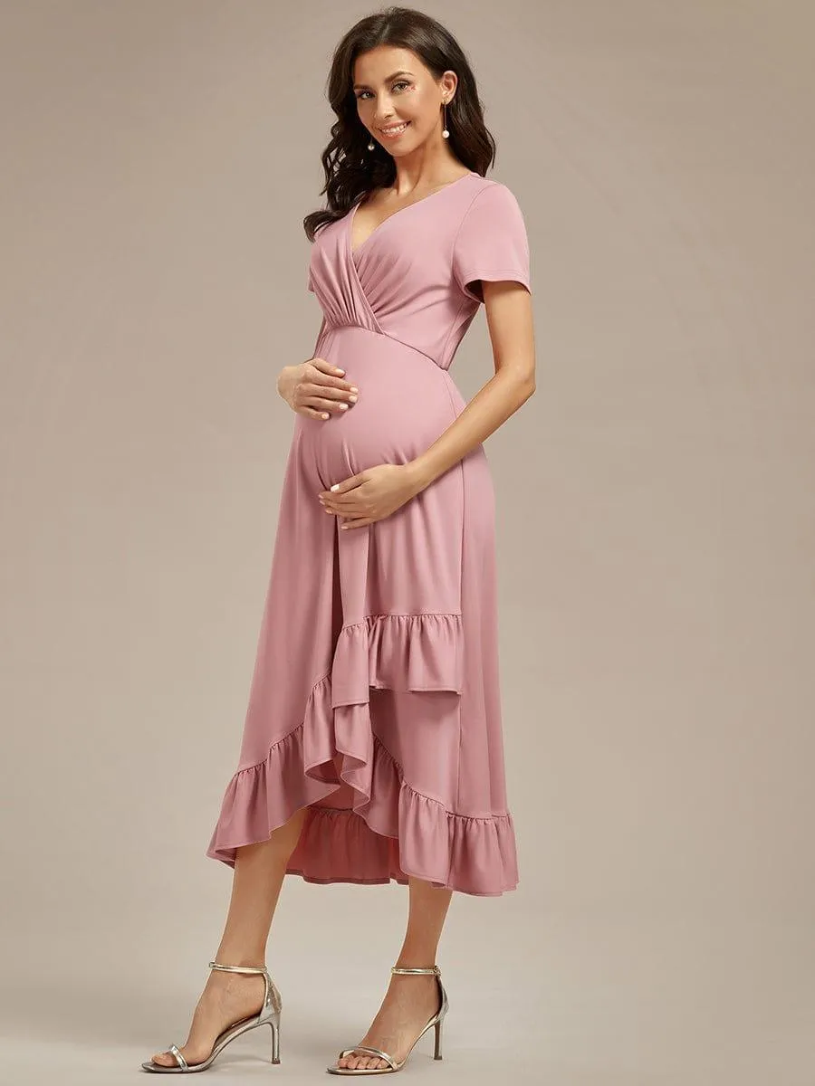 Robe de Maternité élégante Col en V Ourlet haut-bas à volants(Vente finale)