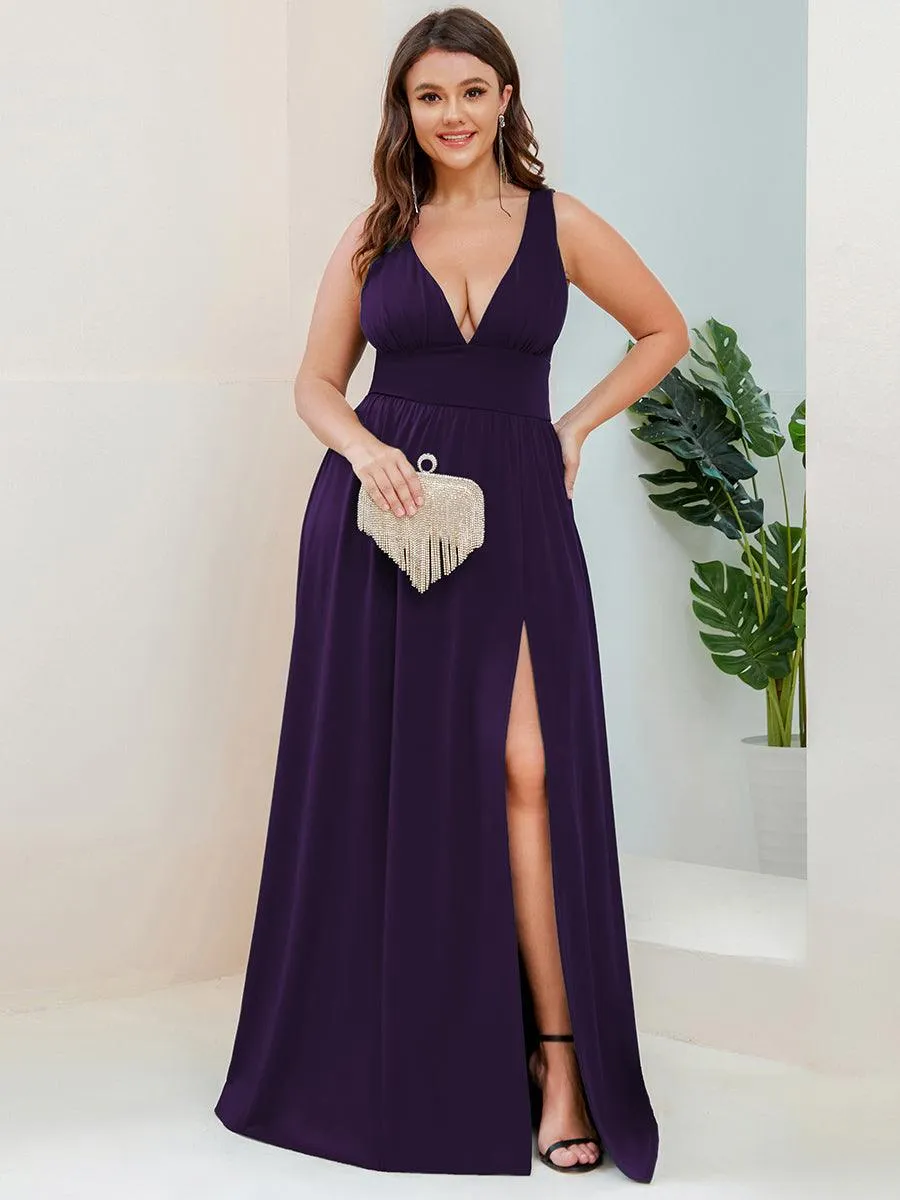 Robe de Soirée Grande Taille Sans Manches Col en V Taille Empire Fendue au Sol