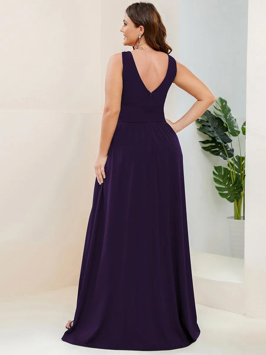 Robe de Soirée Grande Taille Sans Manches Col en V Taille Empire Fendue au Sol