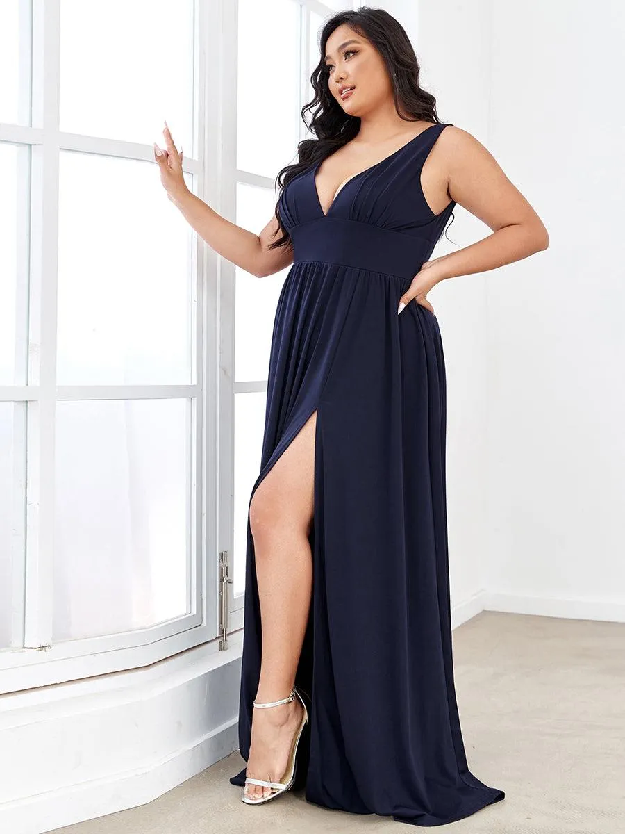 Robe de Soirée Grande Taille Sans Manches Col en V Taille Empire Fendue au Sol
