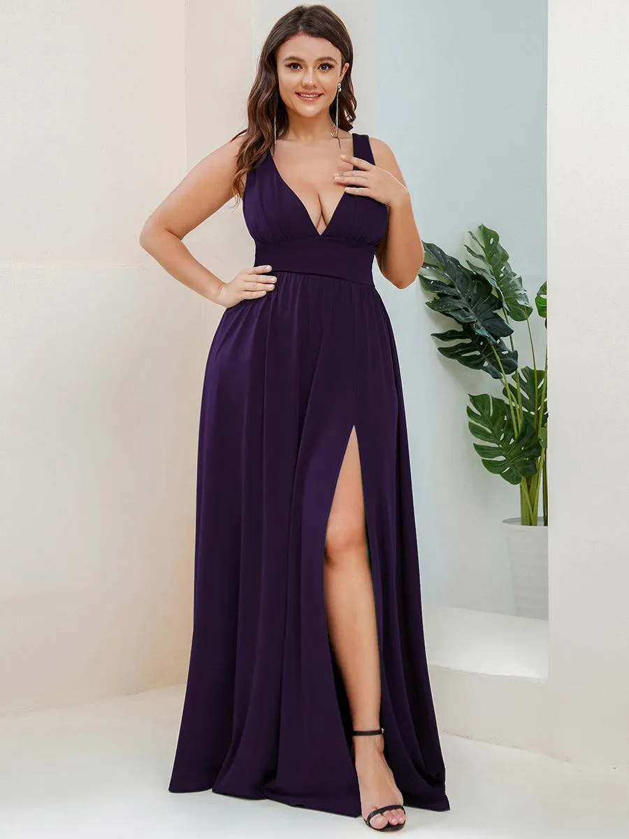 Robe de Soirée Grande Taille Sans Manches Col en V Taille Empire Fendue au Sol
