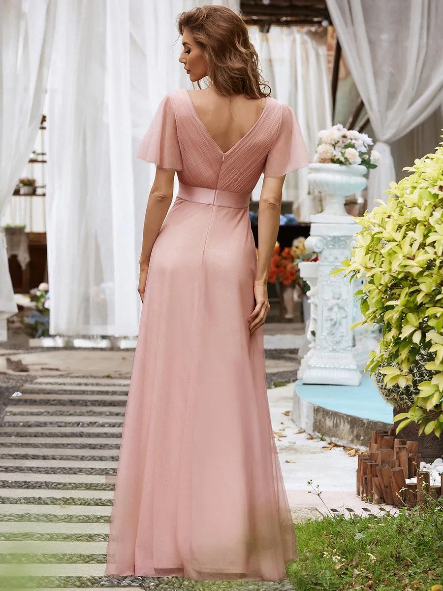 Robe mariage invitée à manches courtes et à double col V pour femmes