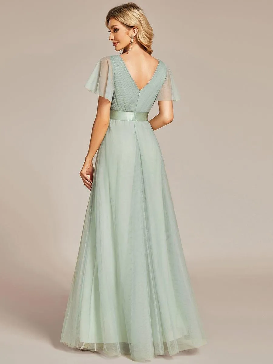 Robe mariage invitée à manches courtes et à double col V pour femmes