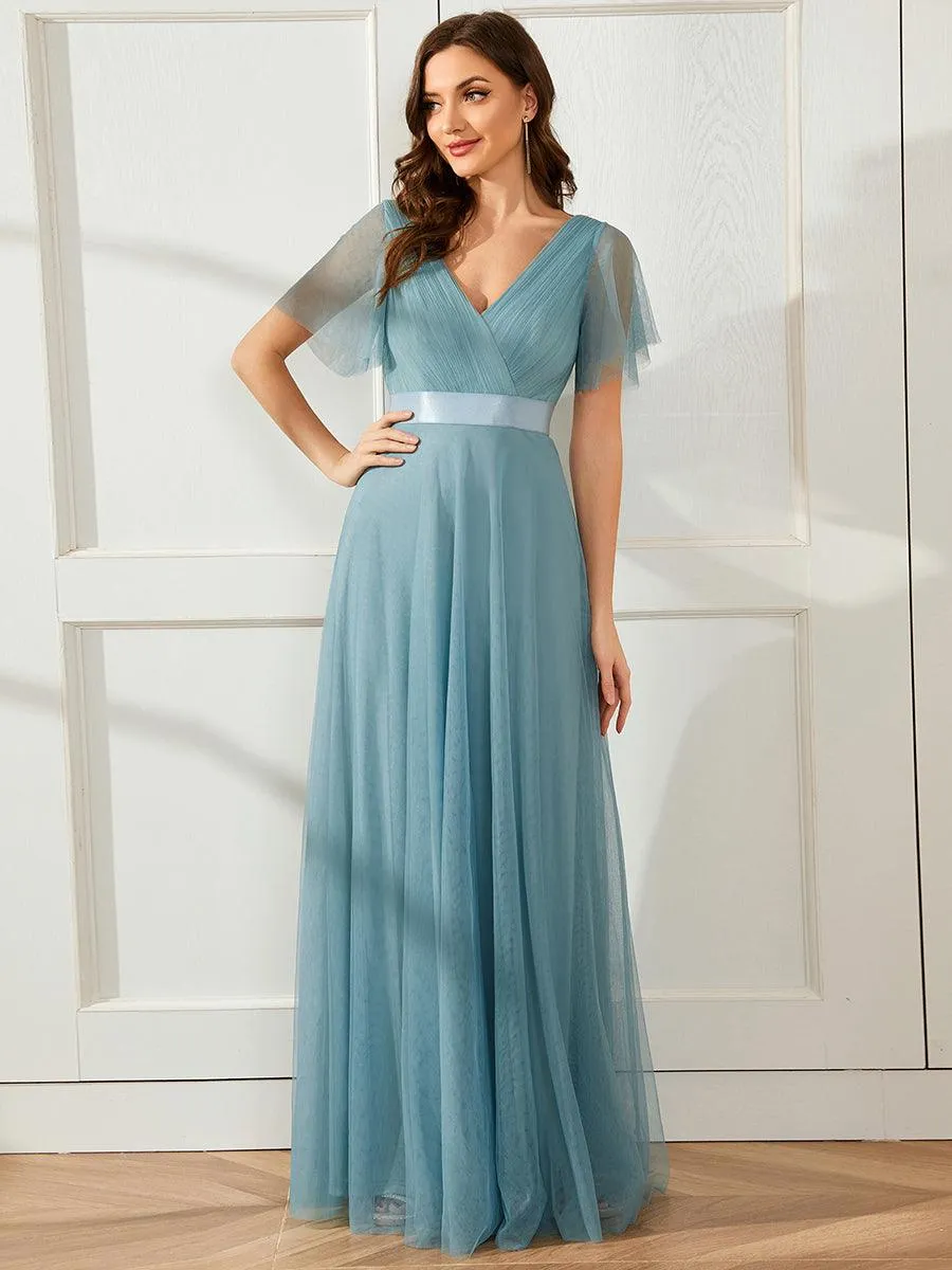 Robe mariage invitée à manches courtes et à double col V pour femmes