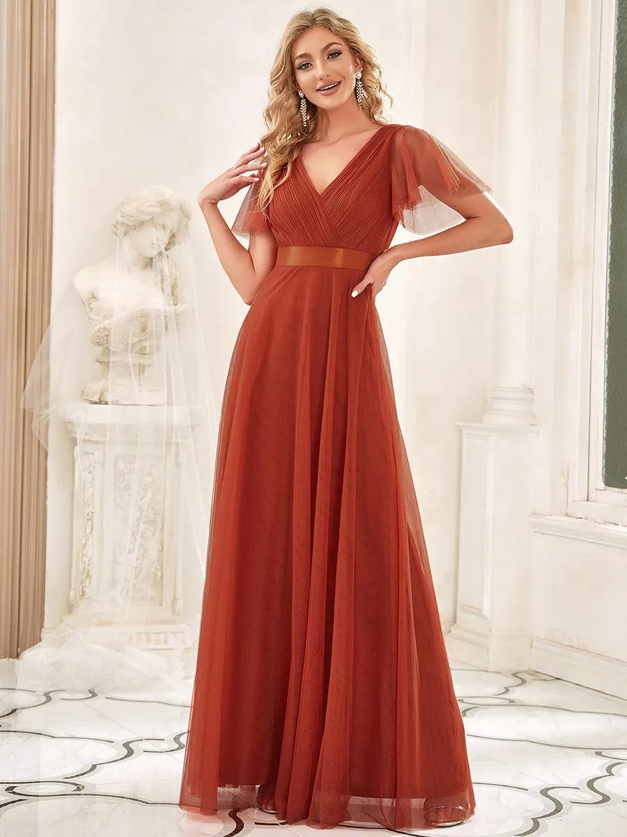 Robe mariage invitée à manches courtes et à double col V pour femmes