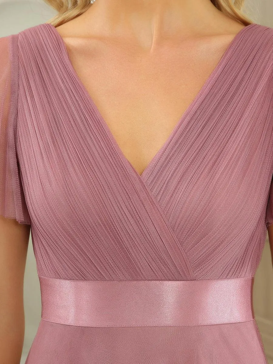 Robe mariage invitée à manches courtes et à double col V pour femmes