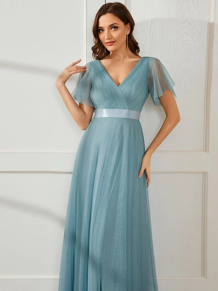 Robe mariage invitée à manches courtes et à double col V pour femmes