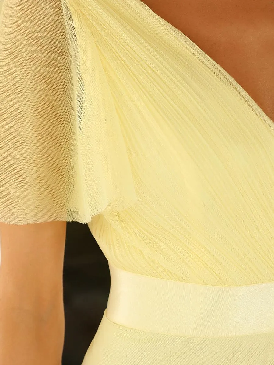Robe mariage invitée à manches courtes et à double col V pour femmes
