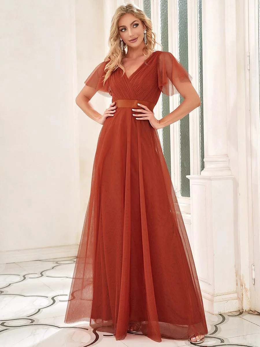 Robe mariage invitée à manches courtes et à double col V pour femmes
