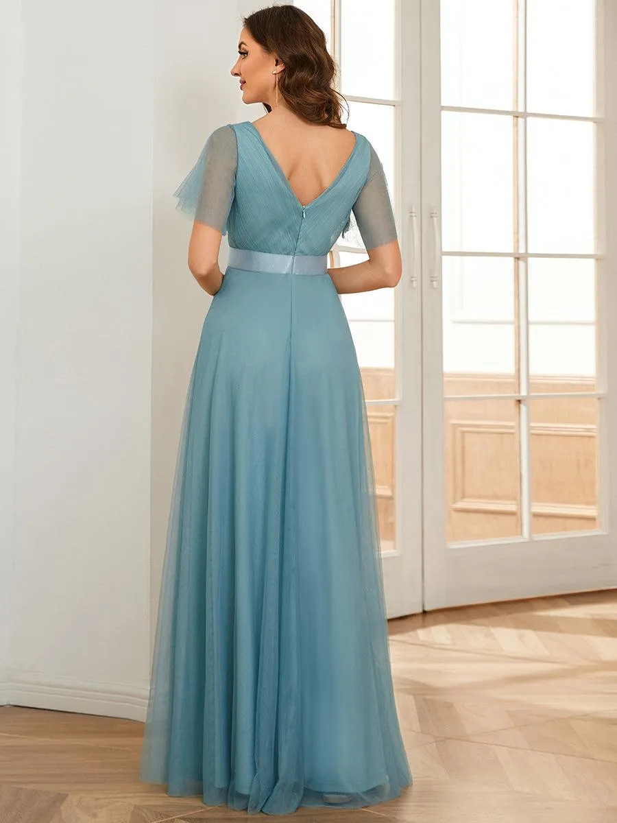 Robe mariage invitée à manches courtes et à double col V pour femmes