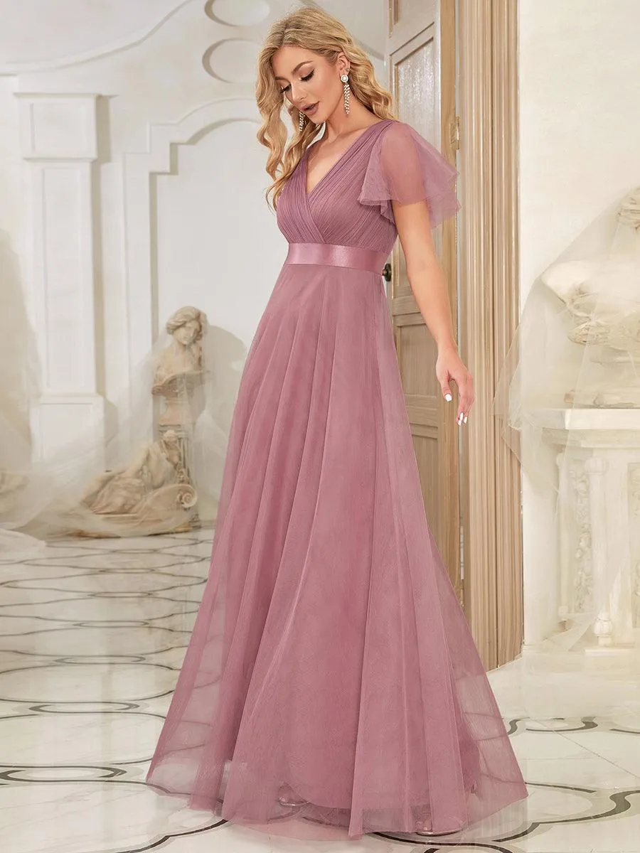 Robe mariage invitée à manches courtes et à double col V pour femmes