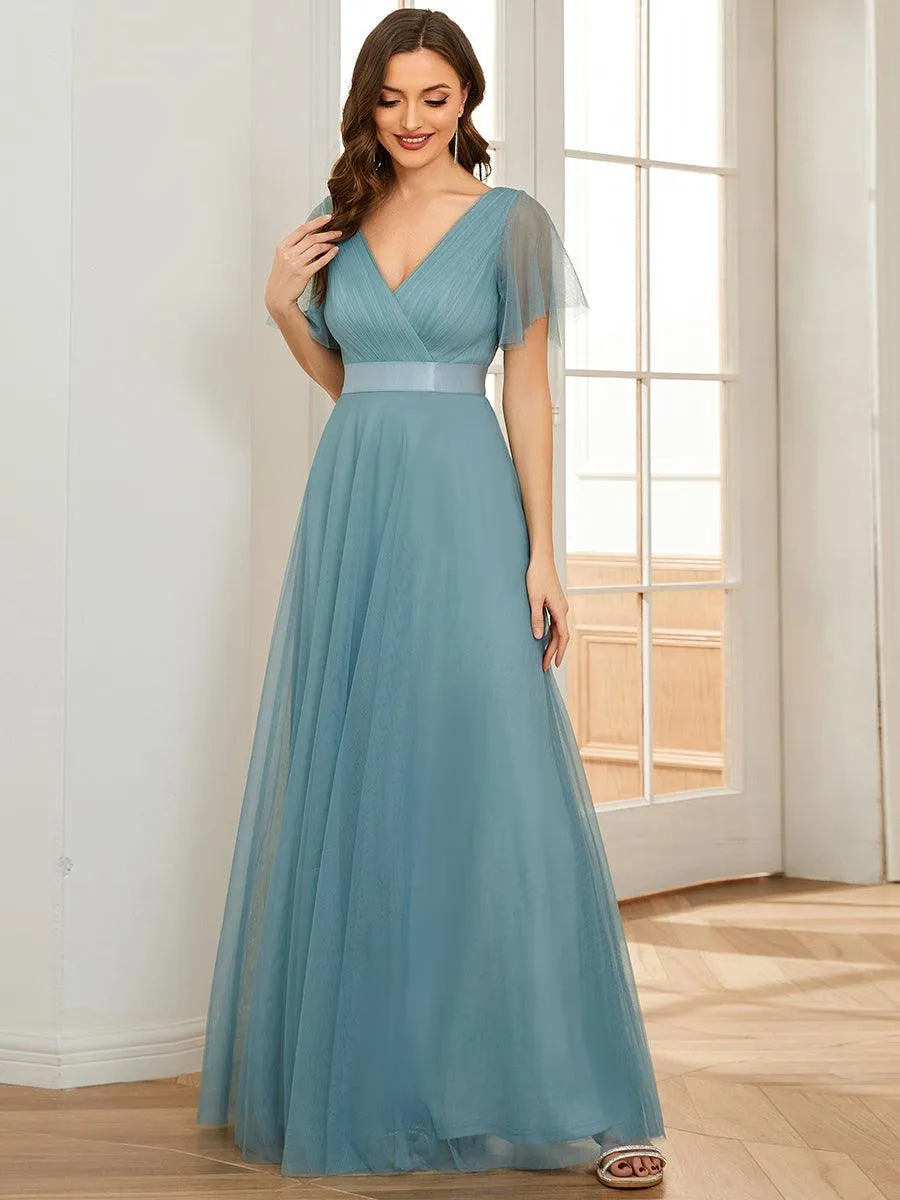 Robe mariage invitée à manches courtes et à double col V pour femmes