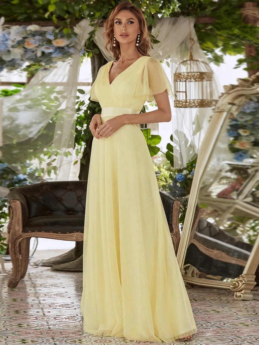 Robe mariage invitée à manches courtes et à double col V pour femmes