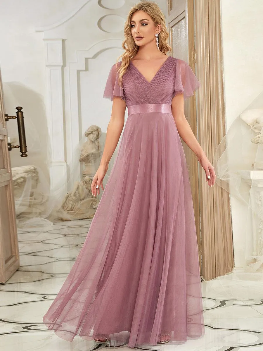 Robe mariage invitée à manches courtes et à double col V pour femmes