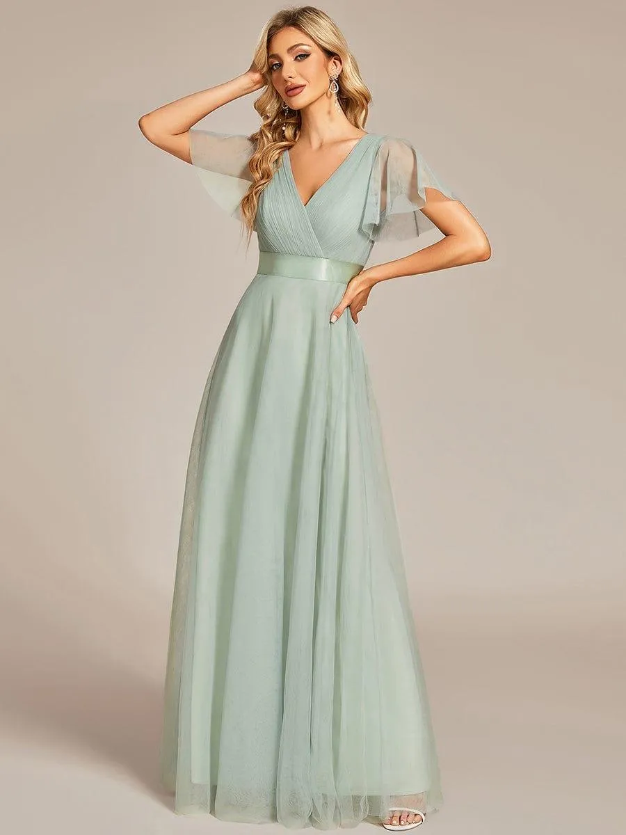 Robe mariage invitée à manches courtes et à double col V pour femmes