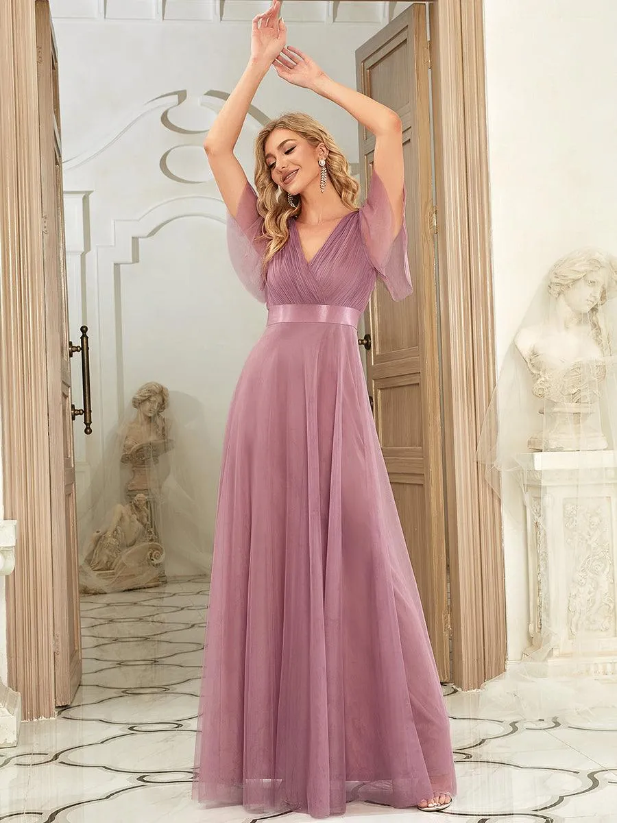 Robe mariage invitée à manches courtes et à double col V pour femmes