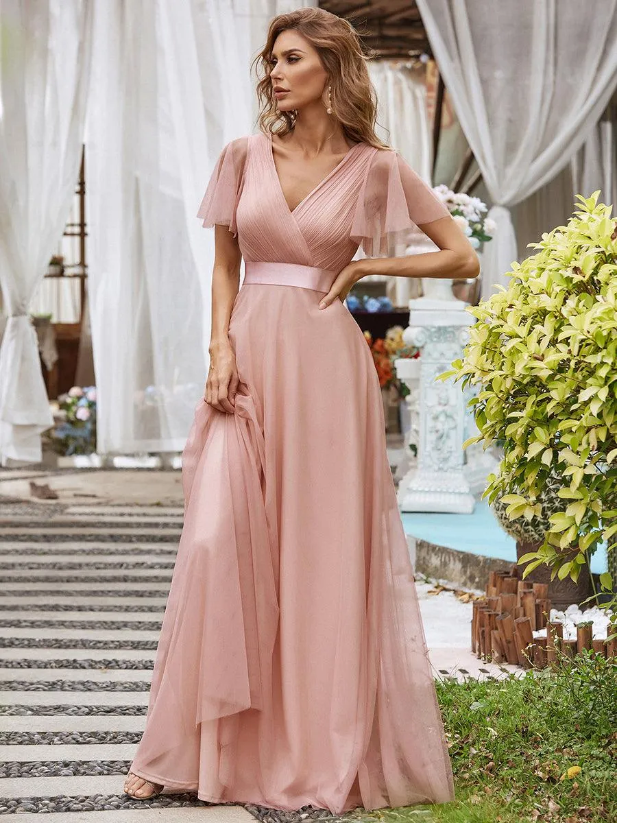 Robe mariage invitée à manches courtes et à double col V pour femmes