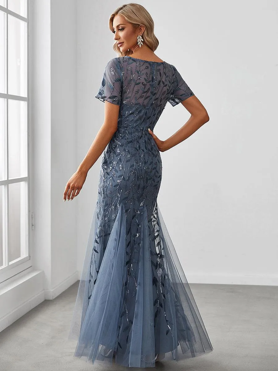 Robes demoiselle d'honneur Sirène en Tulle à Imprimé Floral et Paillettes