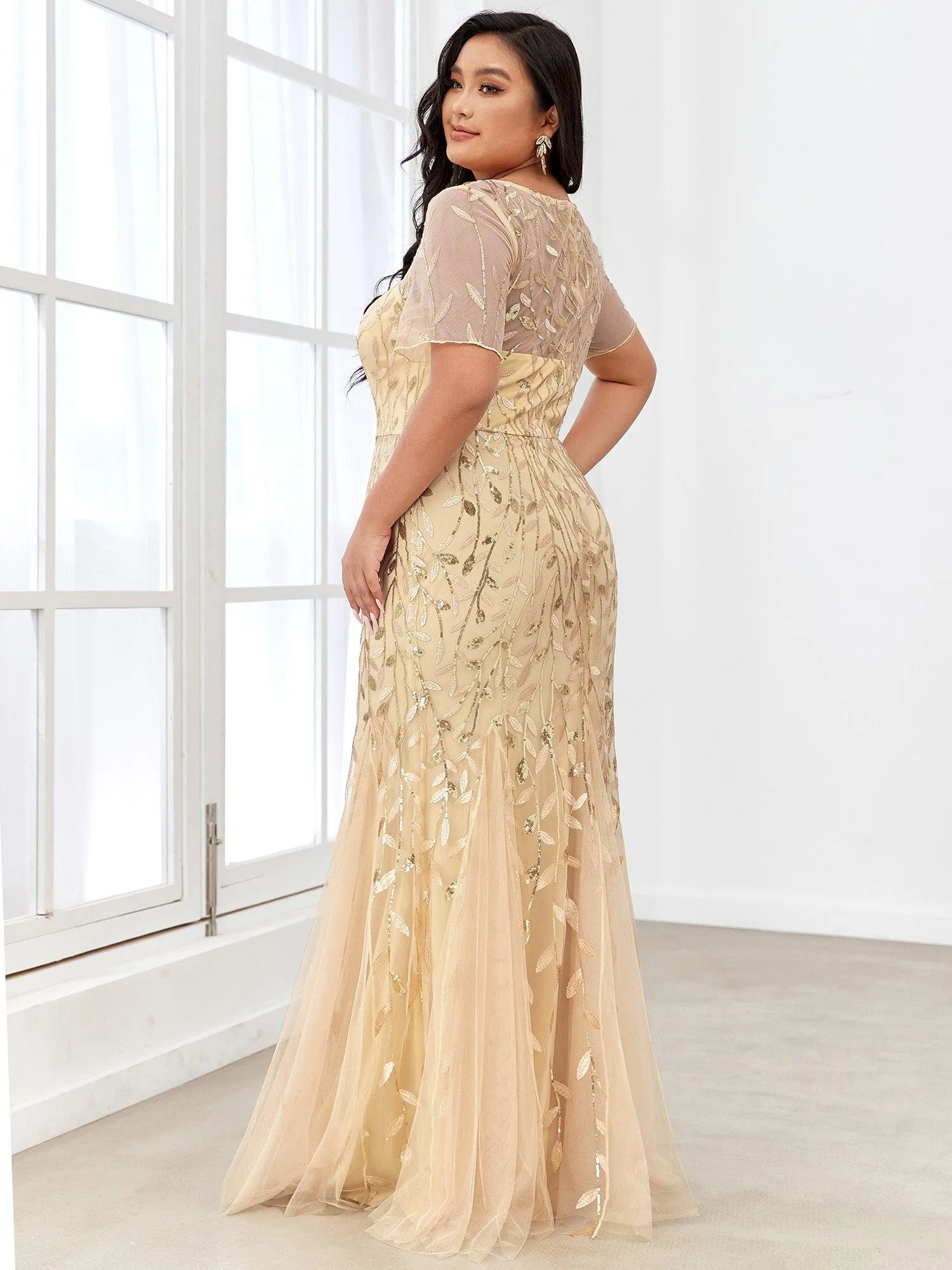 Robes demoiselle d'honneur Sirène en Tulle à Imprimé Floral et Paillettes