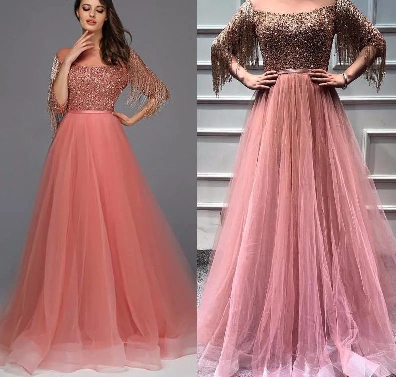 Rose Gold O-Neck Sequined Evening Dresses A-Line Latest Design Sexy Sparkle Formal Dress