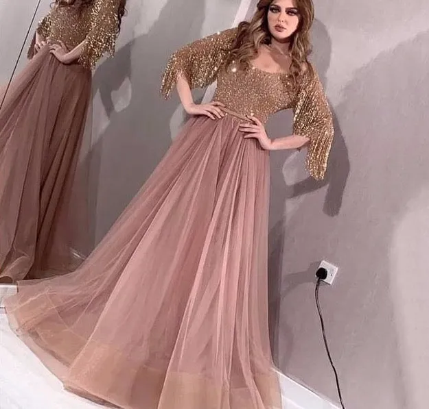 Rose Gold O-Neck Sequined Evening Dresses A-Line Latest Design Sexy Sparkle Formal Dress