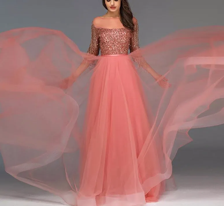 Rose Gold O-Neck Sequined Evening Dresses A-Line Latest Design Sexy Sparkle Formal Dress