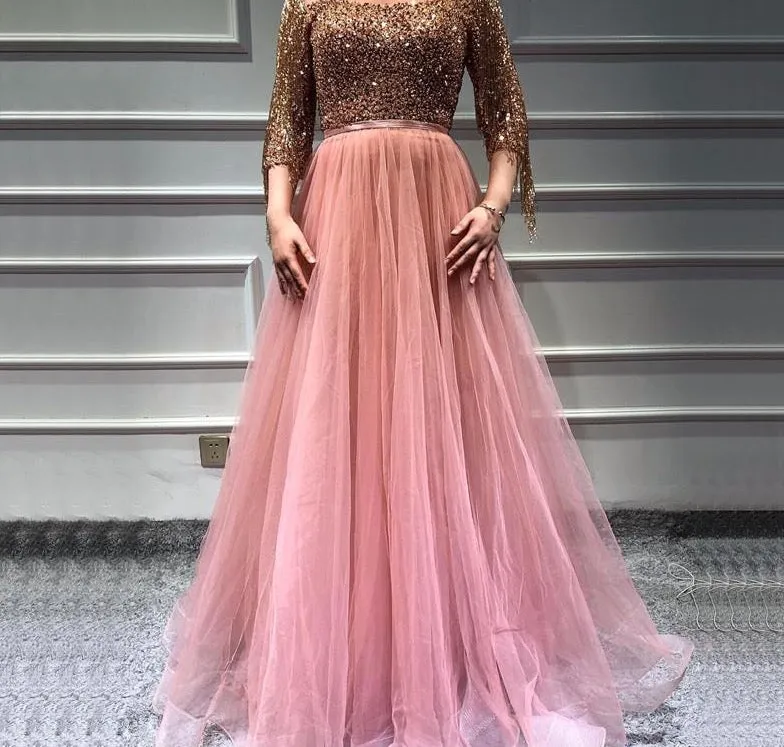 Rose Gold O-Neck Sequined Evening Dresses A-Line Latest Design Sexy Sparkle Formal Dress