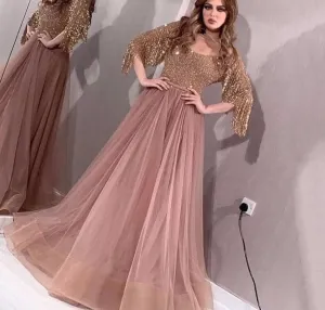 Rose Gold O-Neck Sequined Evening Dresses A-Line Latest Design Sexy Sparkle Formal Dress