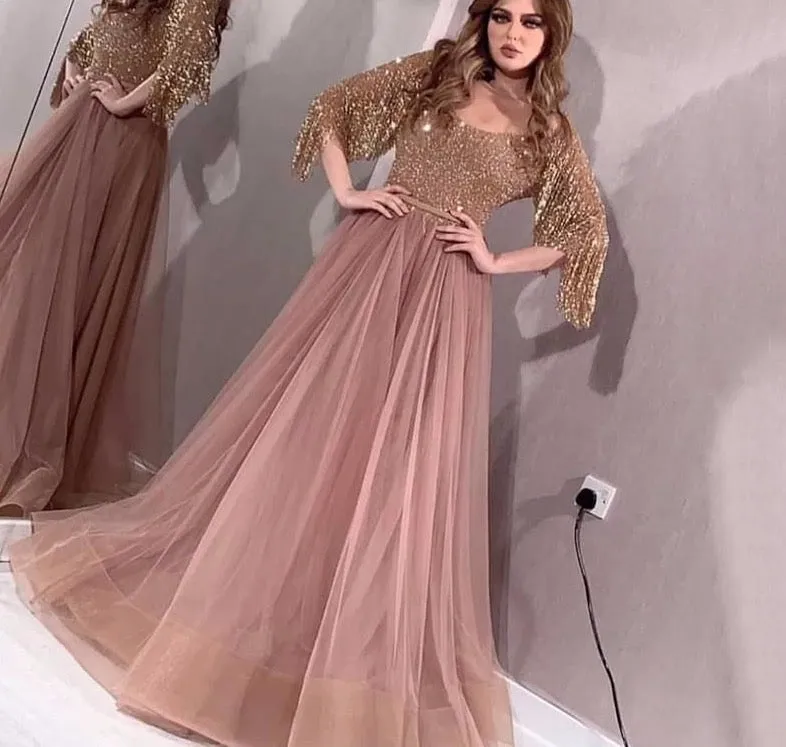 Rose Gold O-Neck Sequined Evening Dresses A-Line Latest Design Sexy Sparkle Formal Dress