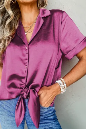 Rose Red Knotted Hem Short Sleeve Satin Shirt