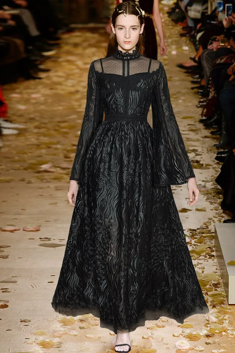 Rosemary Stand collar High waist Long sleeve Black Mesh Embroidery Vintage Dress