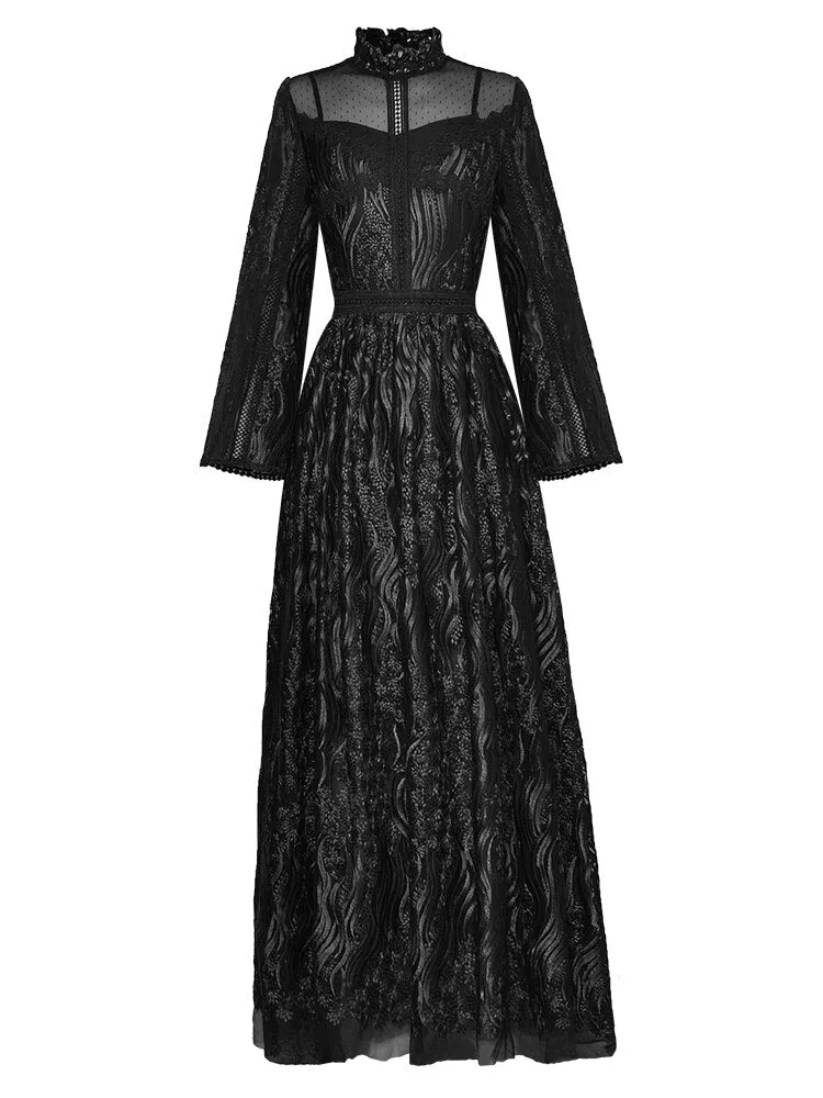 Rosemary Stand collar High waist Long sleeve Black Mesh Embroidery Vintage Dress